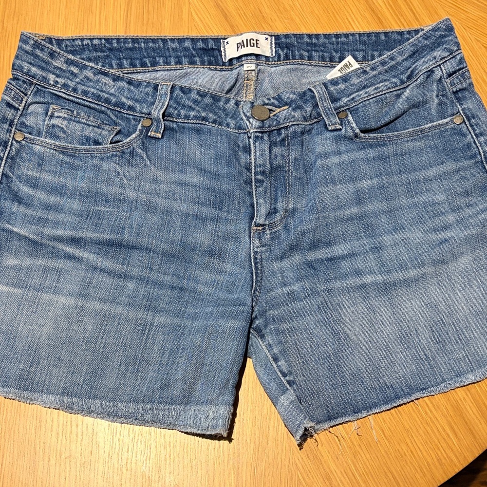 PAIGE Mid-Blue Denim Cutoff Shorts